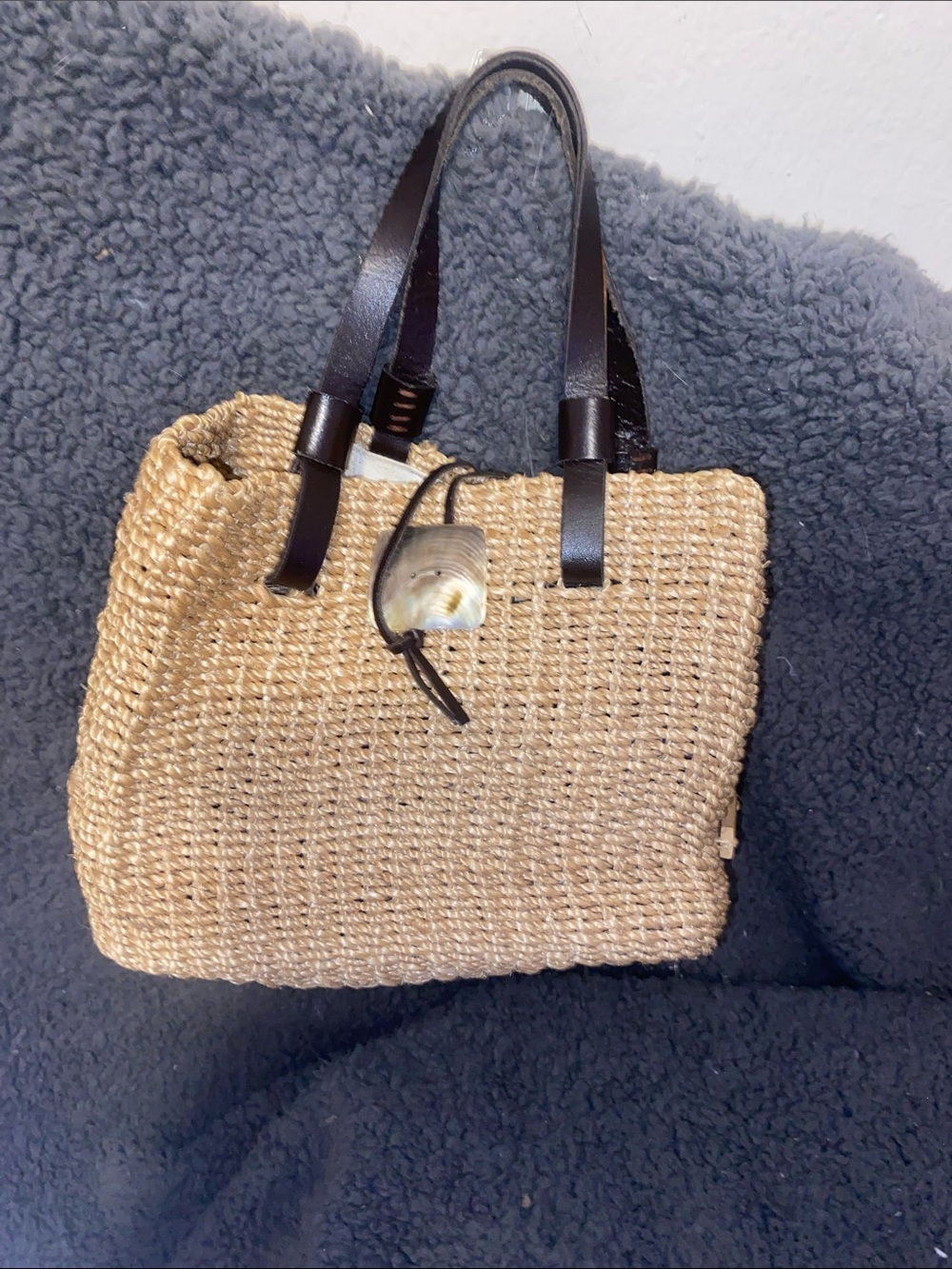 Nine West Natural Straw Tote with Dark Brown Handles and Shell Accent